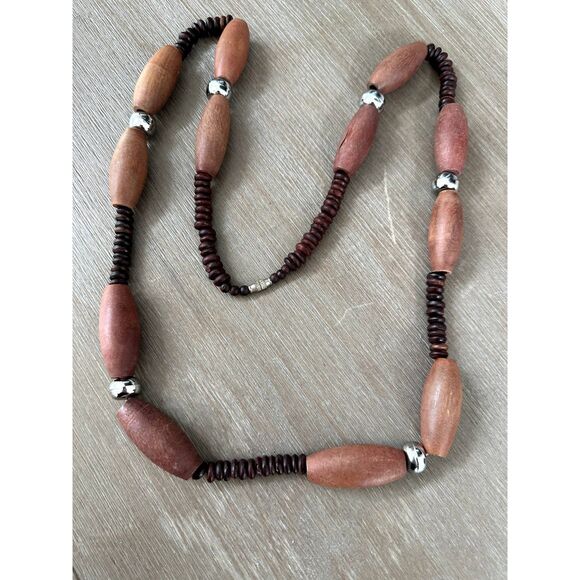 Vintage 70s Long Wooden Bead Necklace | 40” with Silver Tone Spacers - Picture 6 of 6